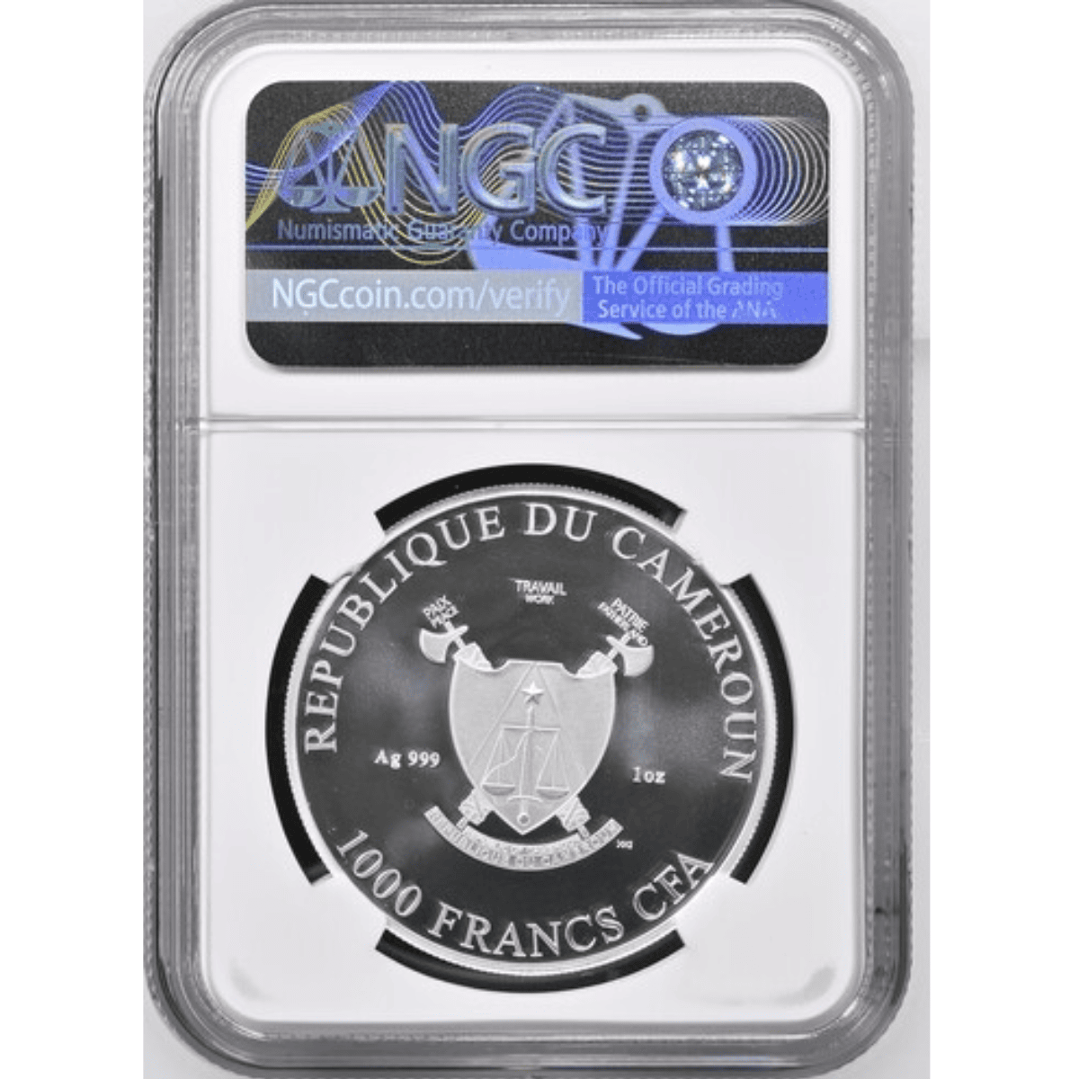 Shaded view of the 2025 Cameroon Celestial Beauty Three Graces 1 oz Silver Coin, showcasing intricate design and ar.
