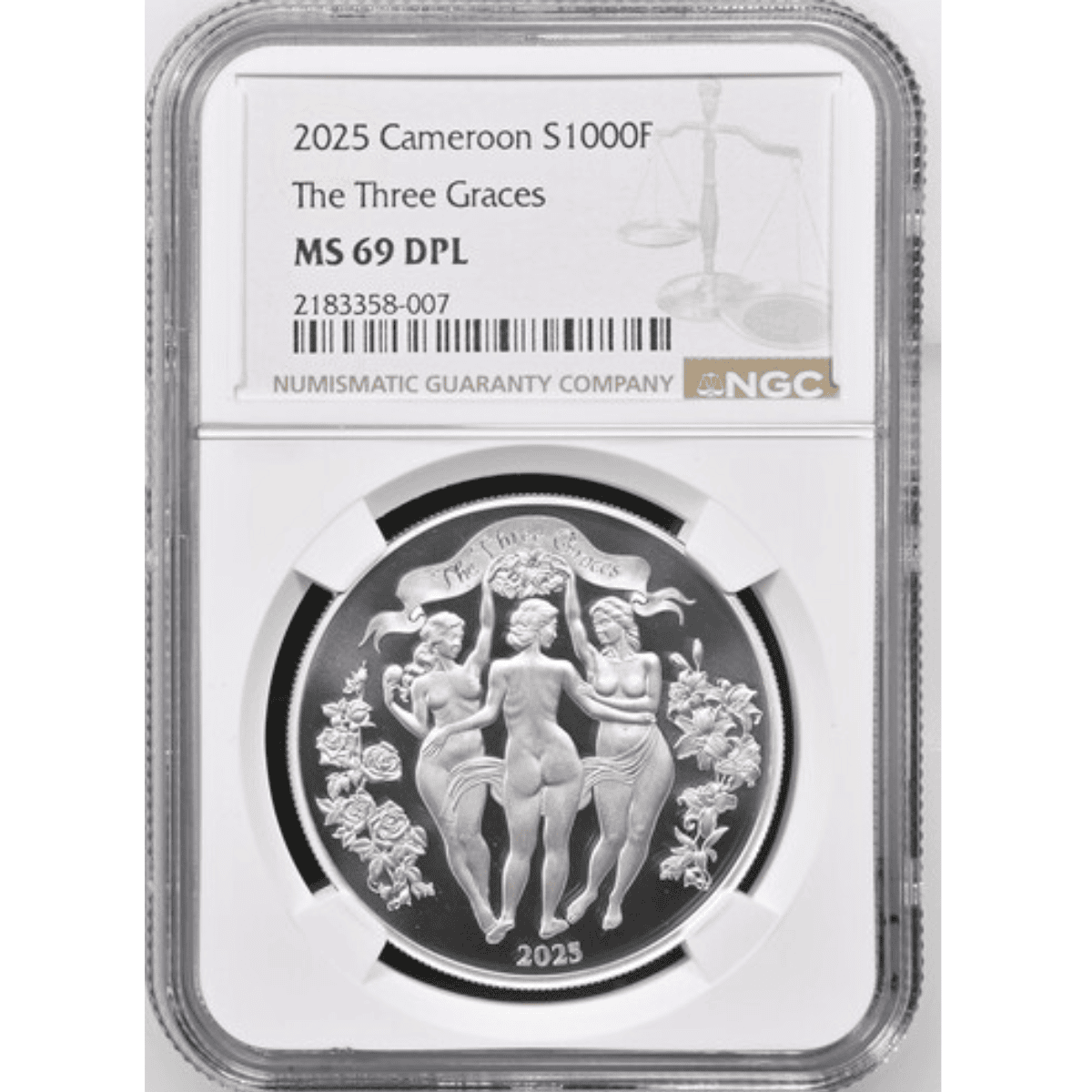 Shiny 2025 Cameroon Silver Coin featuring the Three Graces, minted by NGC, 1 oz, MS 69 DPL, showcasing artistic ele.
