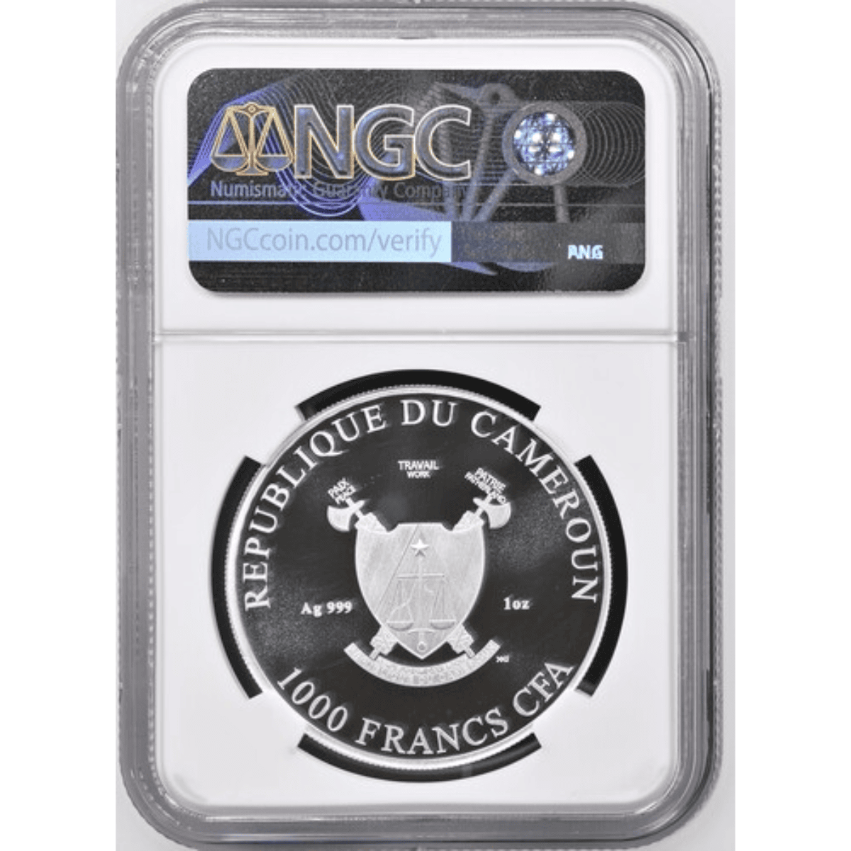 2025 Cameroon celestial-themed silver coin, 1 oz, minted by Cameroon, angled view, featuring the Three Graces desig.