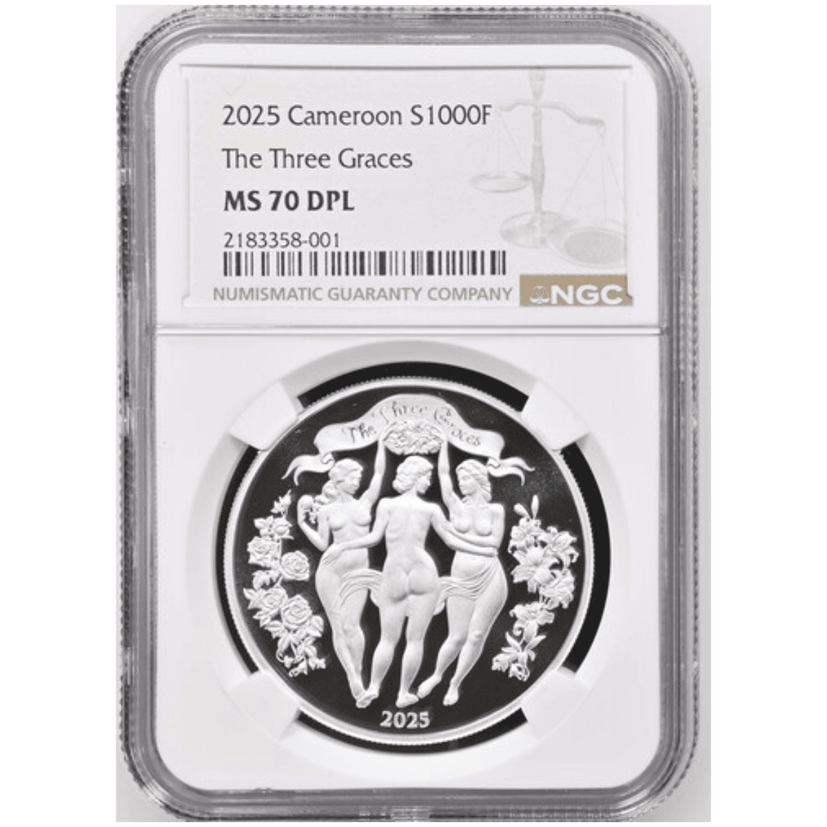 The Three Graces 2025 Cameroon silver coin, front view, 1 oz, minted in 2025, showcasing artistic beauty and crafts.