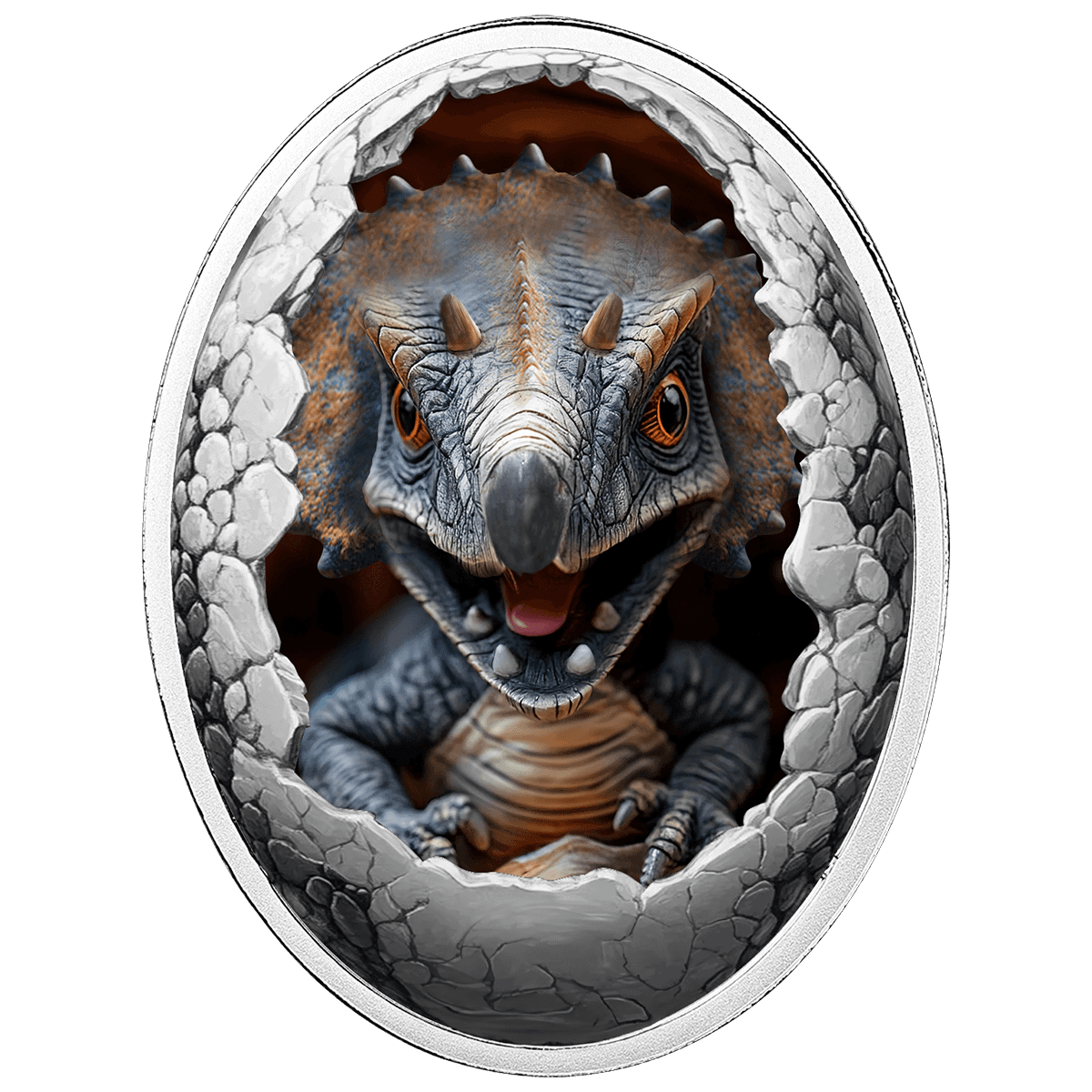 Triceratops dinosaur coin, 2025 Cameroon, silver proof, 16.81g, front view, colorized, collectible, detailed design.