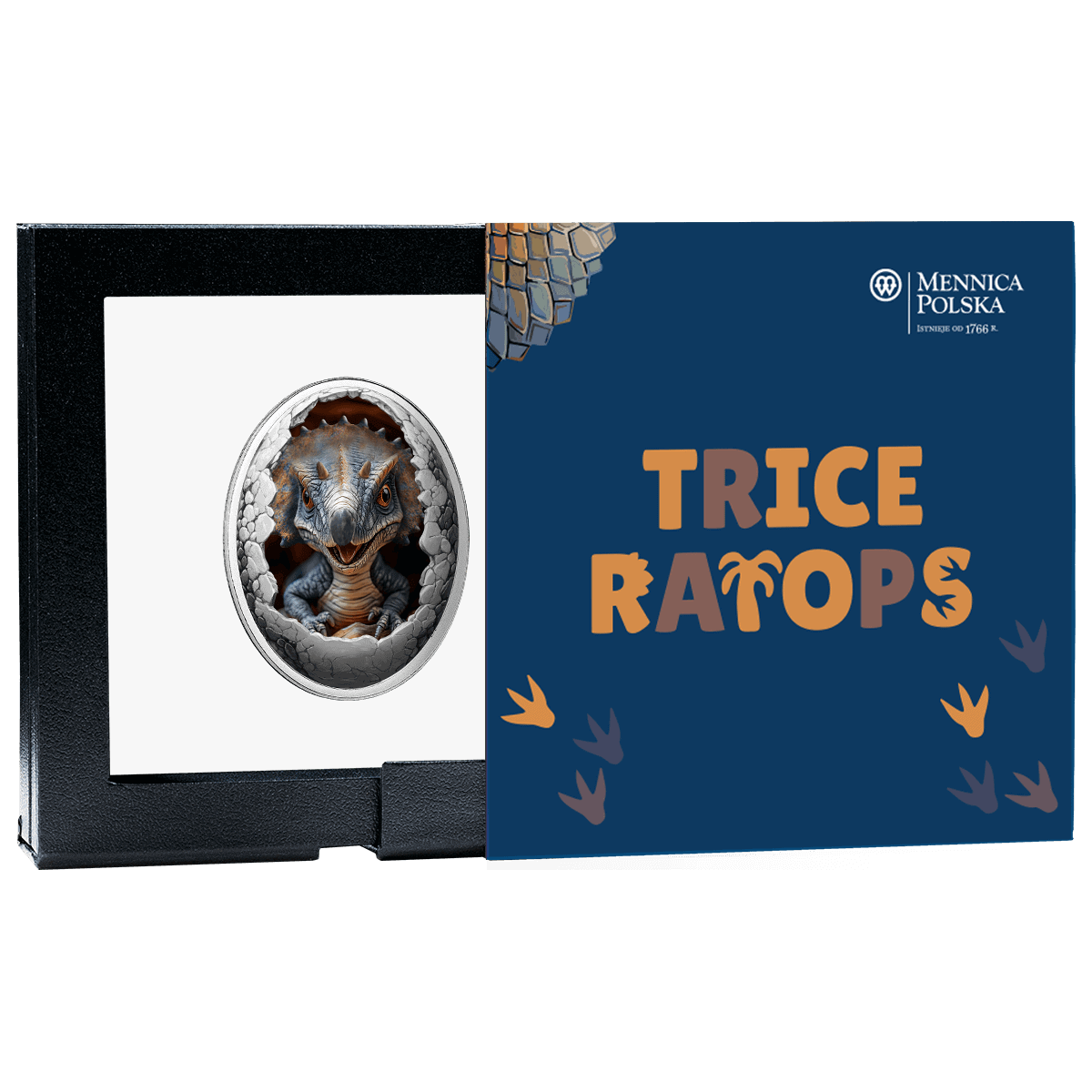 Triceratops dinosaur 2025 Cameroon coin, 16.81g silver, colorized proof, from the GR Reserve packaging, angled view.