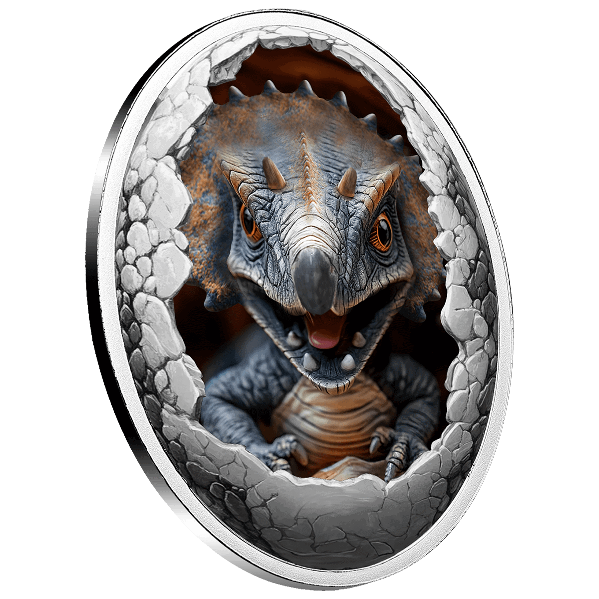 Crucial side view of 2025 Cameroon Dinosauria Triceratops silver proof coin, 16.81g, minted by GR, featuring a deta.