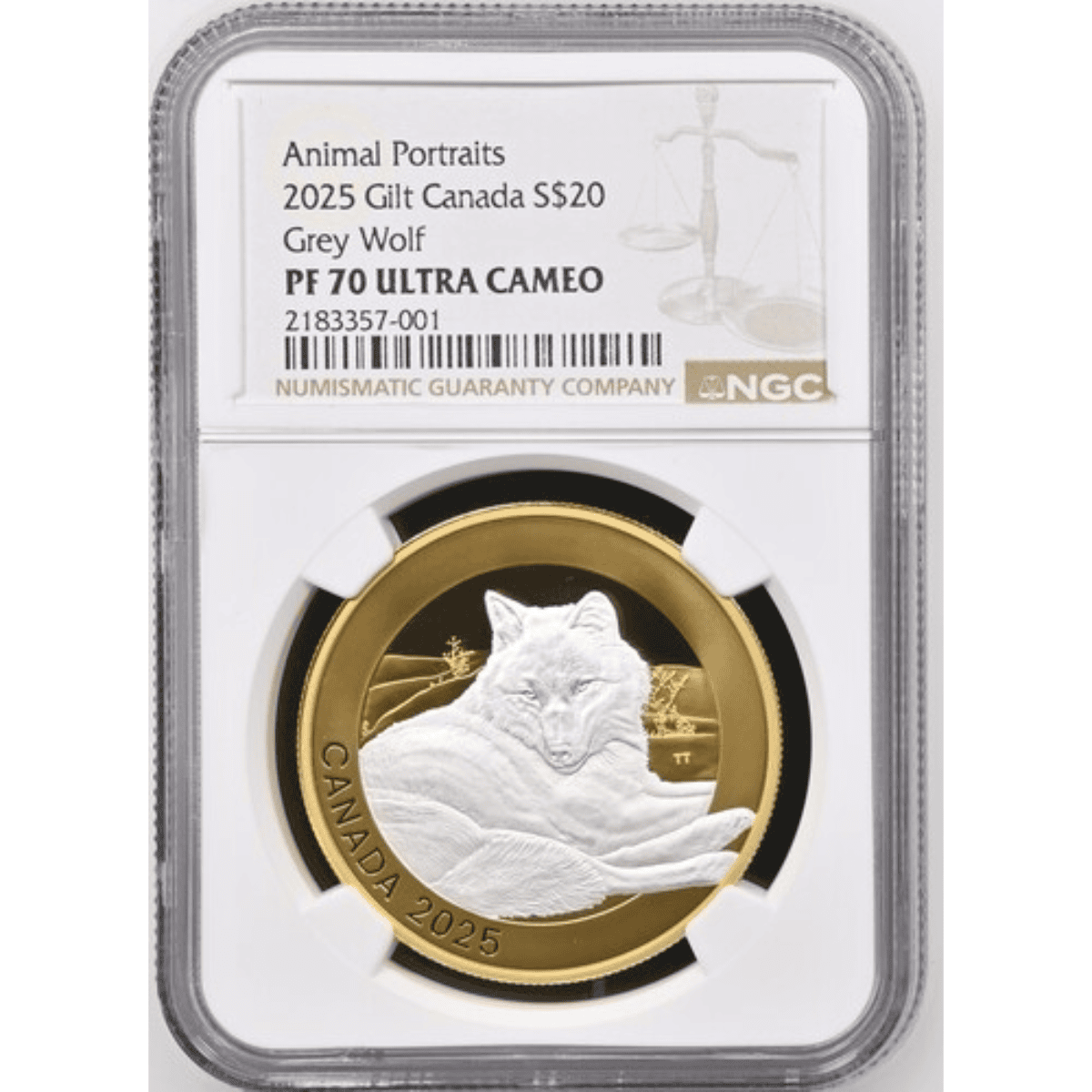 Front view of 2025 Canada Grey Wolf 1 oz Silver Gilded Coin, minted by Canada, featuring animal portrait and gold g.