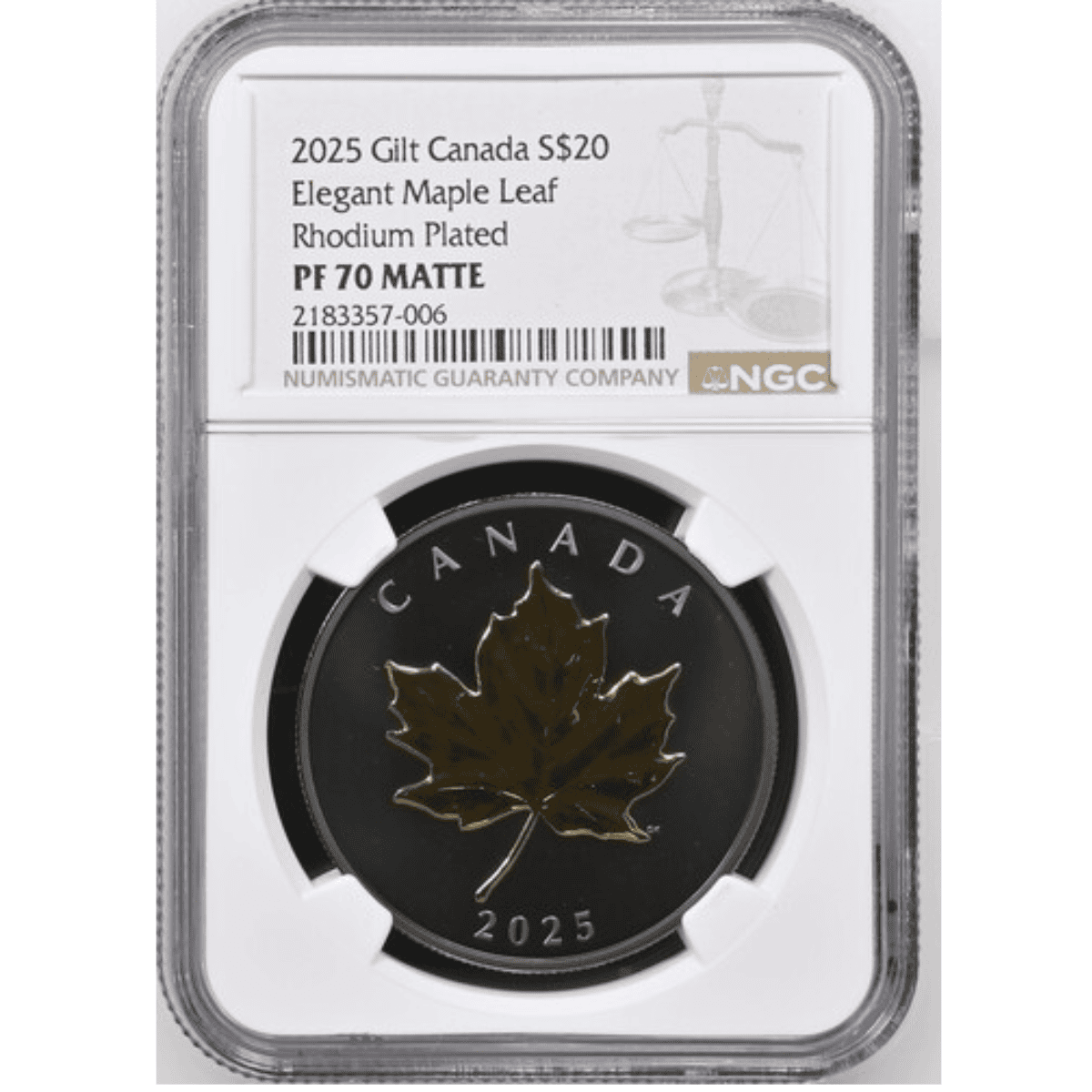 Shiny 2025 Canada Maple Leaf silver coin with gilded and rhodium plating, captured from a front angle, showcasing i.