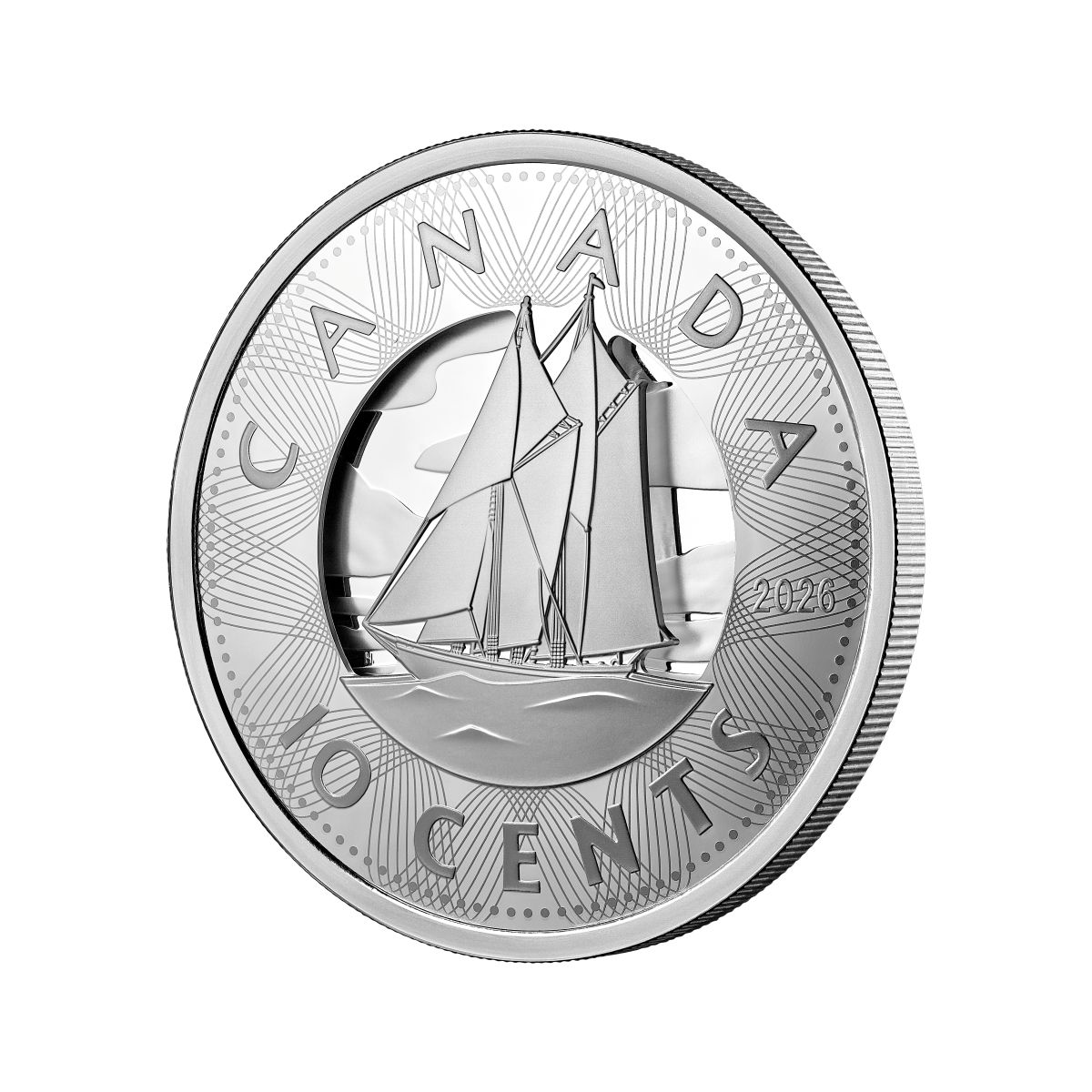 2026 Canada 10 Cent Silver Coin, multilayered Blue Nose schooner, left angle view, minted by the Royal Canadian Min.
