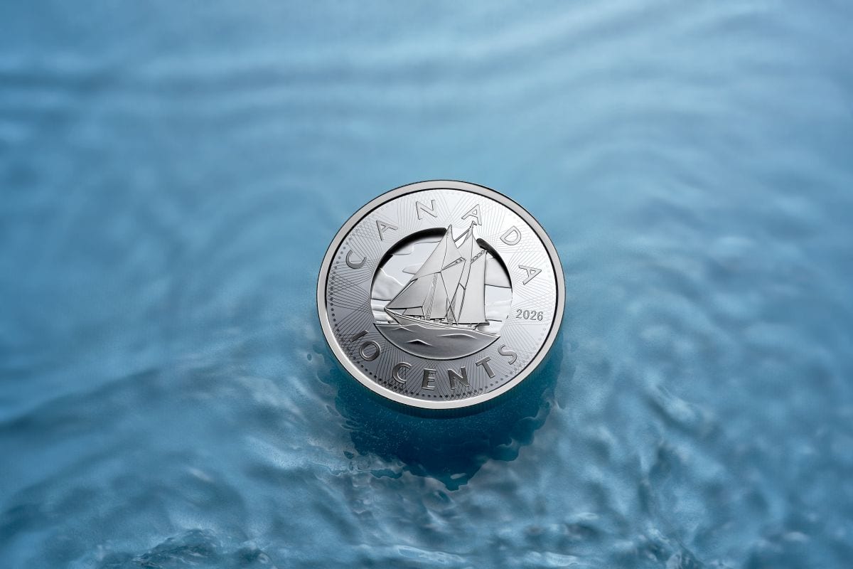 A LT tag: 2026 Canadian 10-cent silver coin, multilayered Bluenose design, viewed from a top angle, weighing 1 oz,.