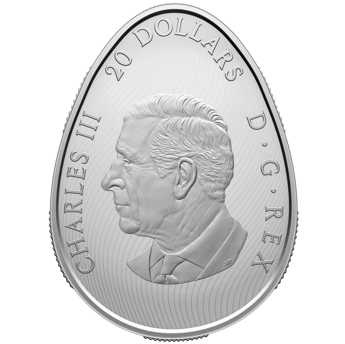 Fine silver coin featuring Charles III, 2026, Mint of Poland, 20 grams, detailed Pysanka design, viewed from a side.