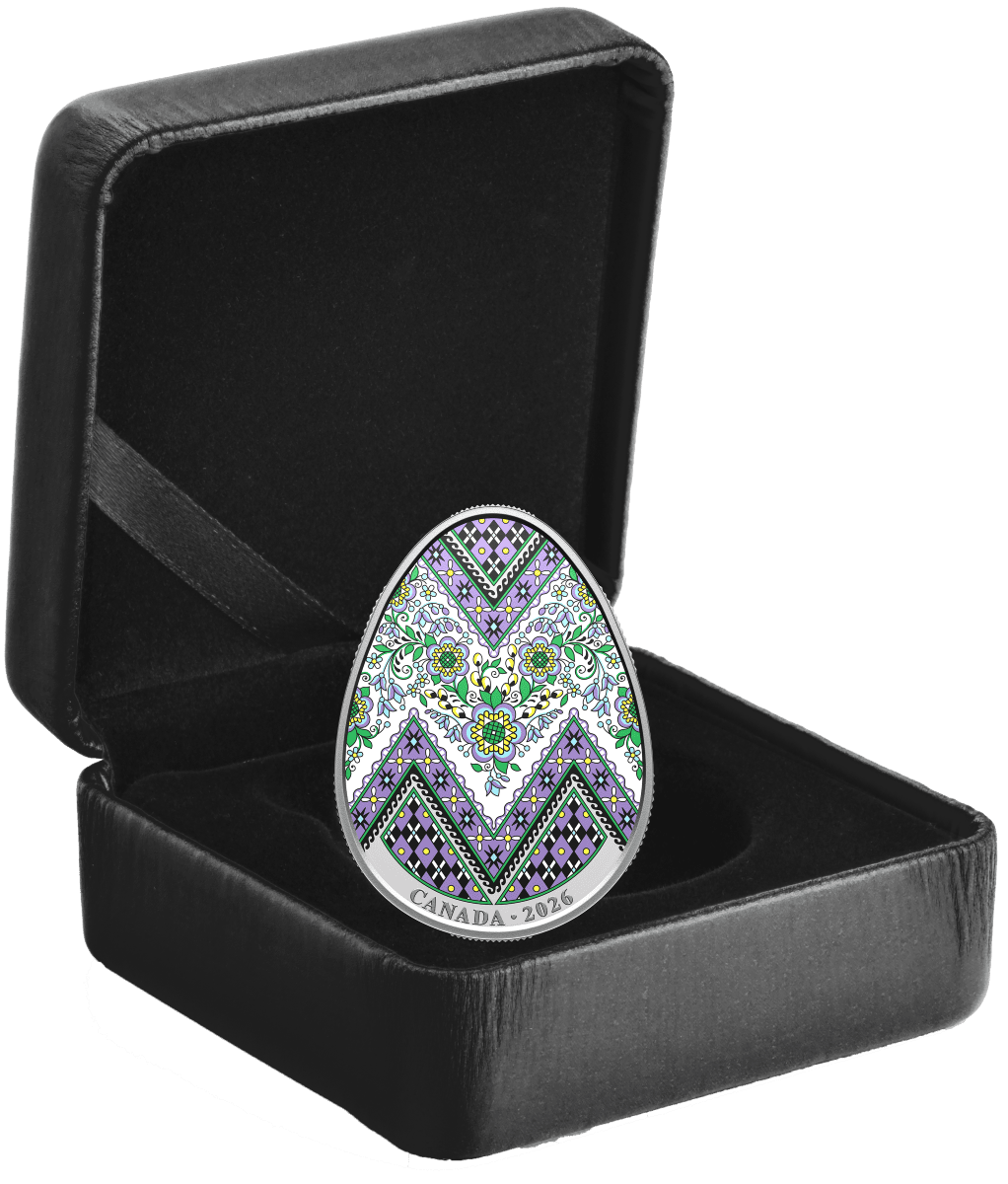 Intricate Pysanka silver coin, 2026, minted by Canada, 20 grams, viewed from a front angle, showcasing detailed tra.