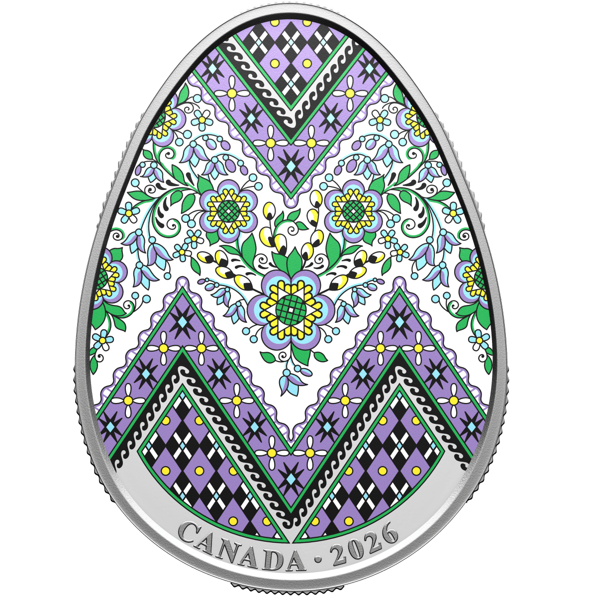 Intricate side view of the 2026 Canada Fine Silver Pysanka coin, minted in 2026, weighing 1 oz, showcasing detailed.