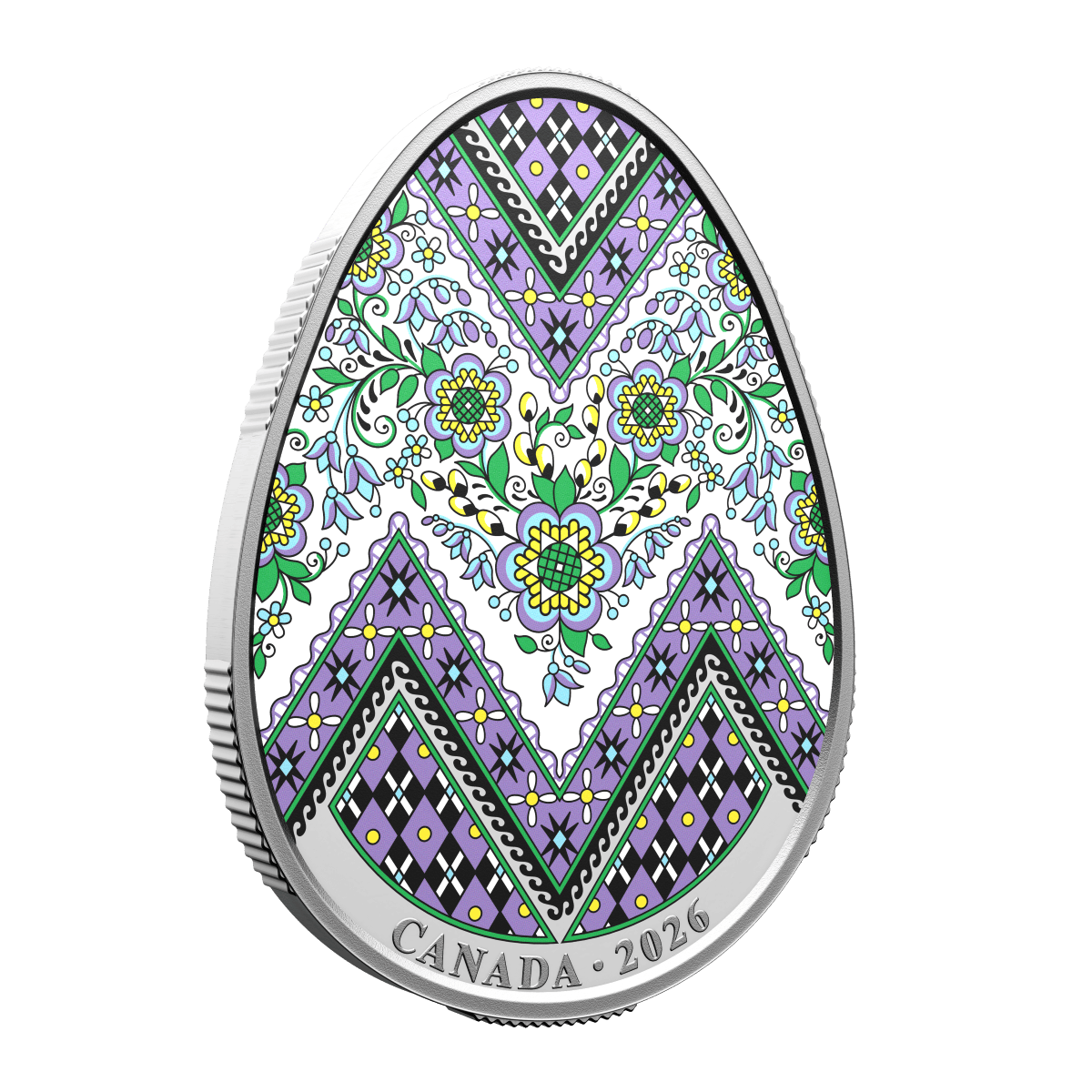 Intricate Pysanka silver coin, front view, 2026, minted by Canada, 1 oz fine silver, featuring traditional Ukrainia.