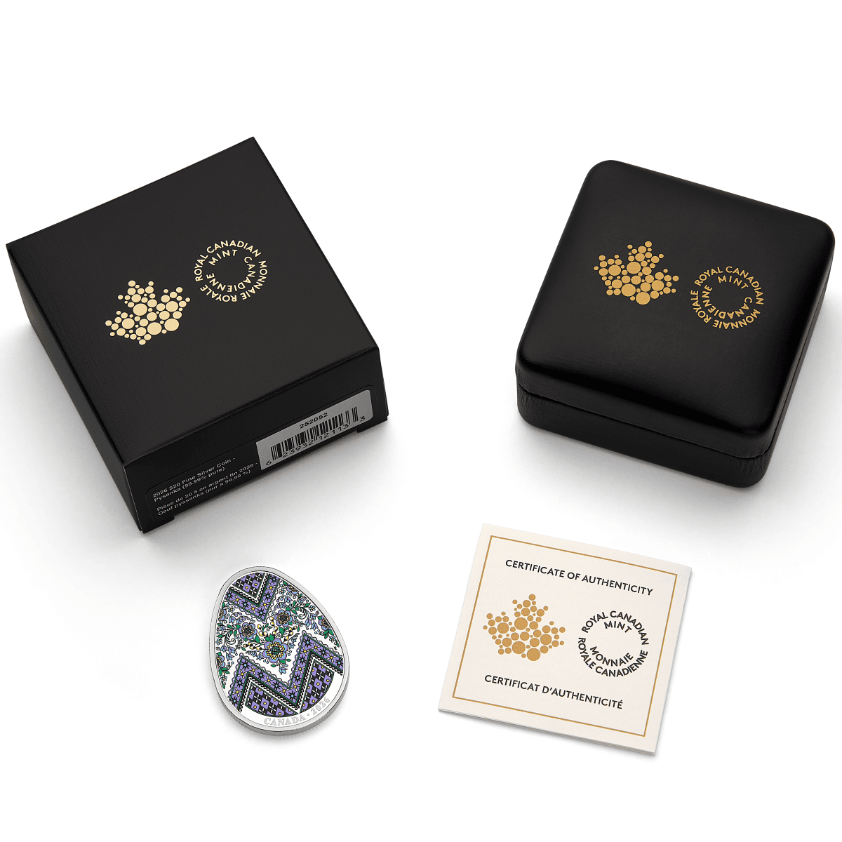 2026 Fine Silver Coin Pysanka, top view, 2023, Royal Canadian Mint, 1 oz, featuring intricate Easter egg design and.