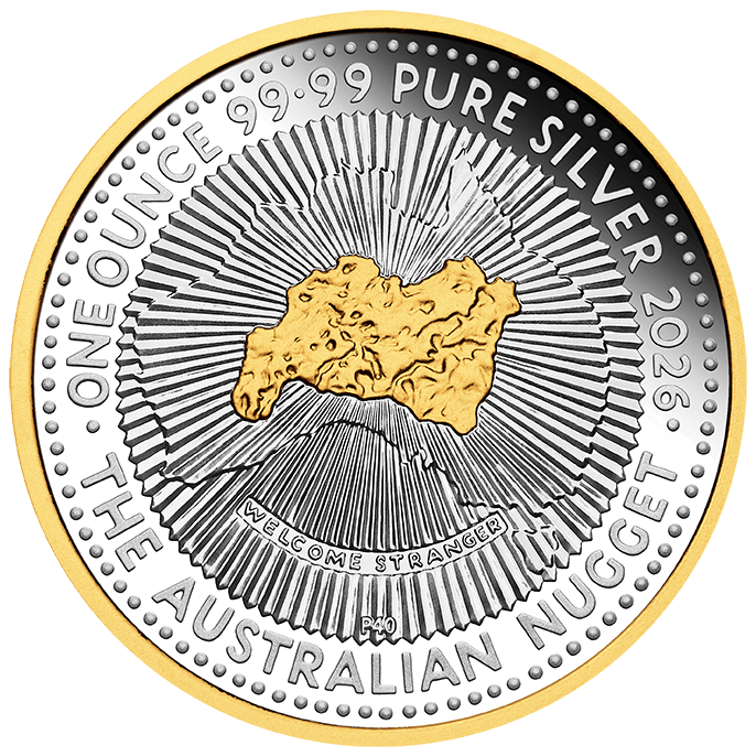 Bright angle view of the 2026 Australia 40th Ann. of the Australian Nugget 1 oz Silver Gilded Proof Coin, minted by.