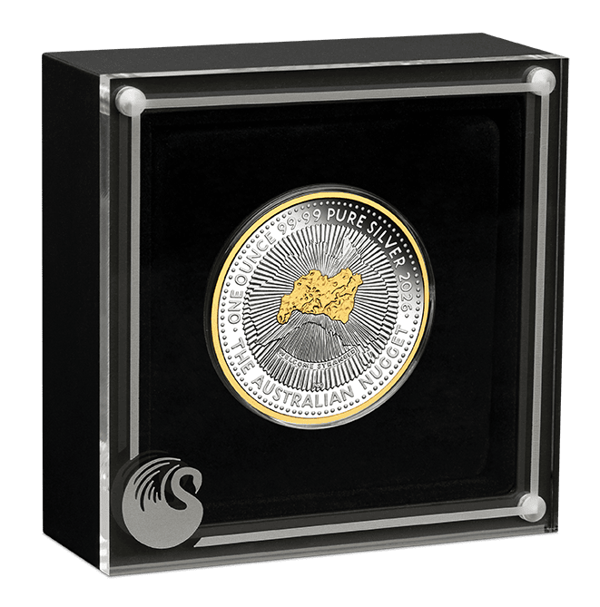 Australia 2026 40th Ann. Silver Nugget coin, 1 oz, gilded proof, minted by Perth Mint, angled view showcasing intri.