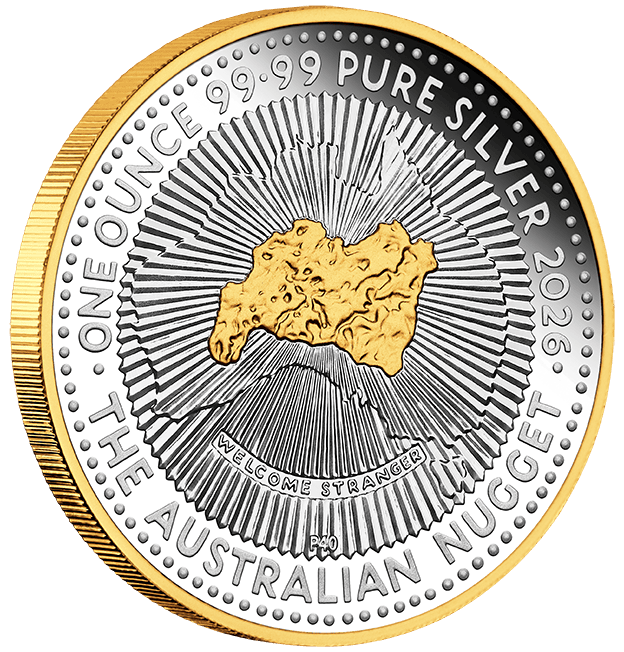 Australia 40th Ann. of the Nugget 1 oz Silver Gilded Proof Coin, side view, 2026, Perth Mint, 1 oz, commemorative t.