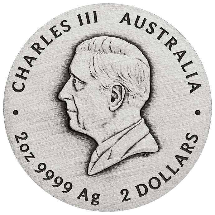 A silver coin featuring a detailed profile of Charles III, minted in Australia in 2026, weighing 2 oz, from the Lun.