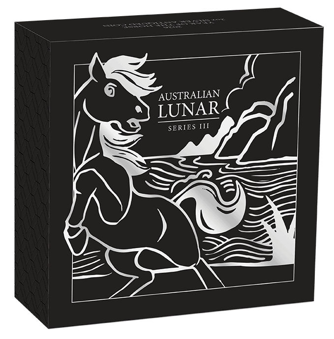 Australian Lunar Series III Year of the Horse 2 oz Silver Antiqued Coin GR Reserve Box, front angle, 2026, Perth Mi.
