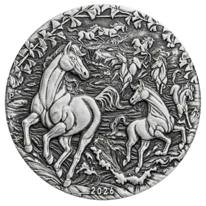 Intricate 2026 Australian Lunar Series III Year of the Horse 2 oz Silver Antiqued Coin, minted in Australia, showca.