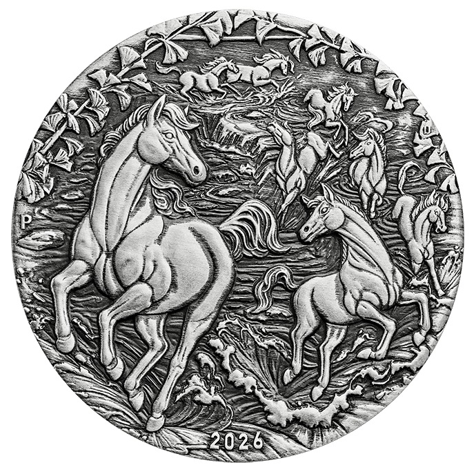 Intricate 2026 Australian Lunar Series III Year of the Horse 2 oz Silver Antiqued Coin, minted in Australia, showca.