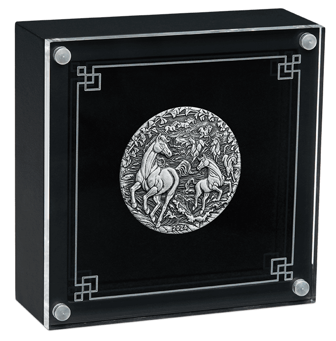 2026 Australian Lunar Series III Year of the Horse 2 oz Silver Antiqued Coin, minted in Australia, angled view, 202.