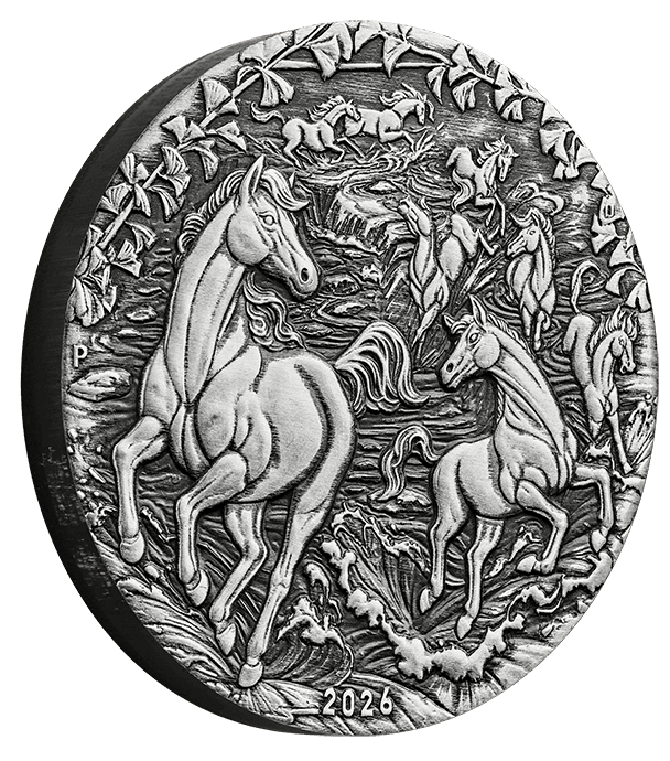 2026 Australian Lunar Series III Year of the Horse 2 oz Silver Antiqued Coin, side view, minted in Australia, featu.