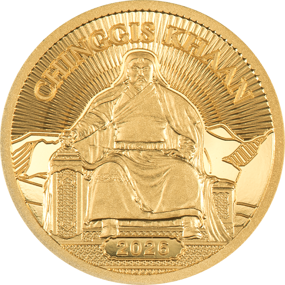Shallow angle view of 2026 Cook Islands Chinggis Khaan 0.5g gold proof coin, minted by GR Reserve, showcasing intri.