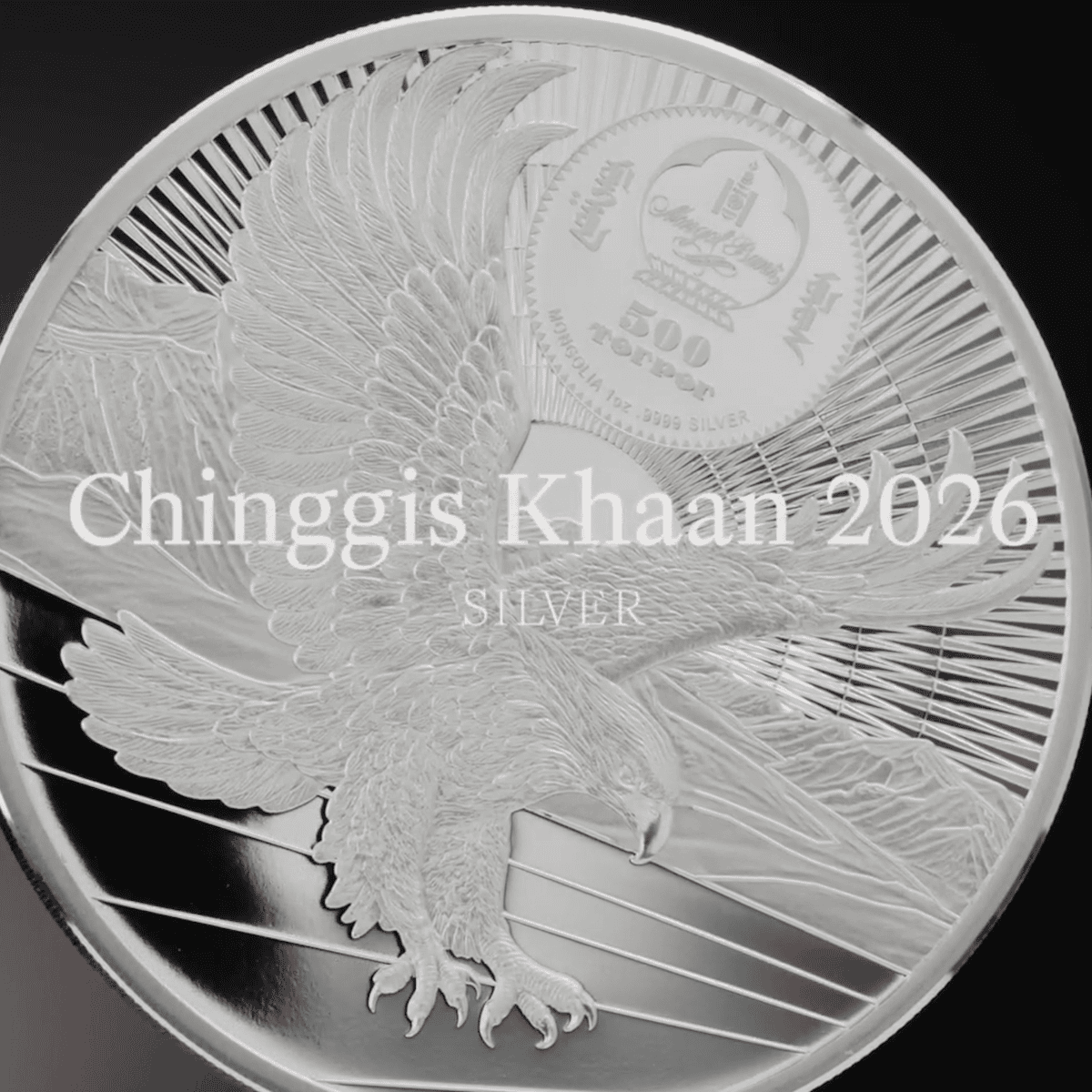 Crucial angle of 2026 Cook Islands Chinggis Khaan 1 oz Silver Proof Coin, minted by GR Reserve, featuring detailed.