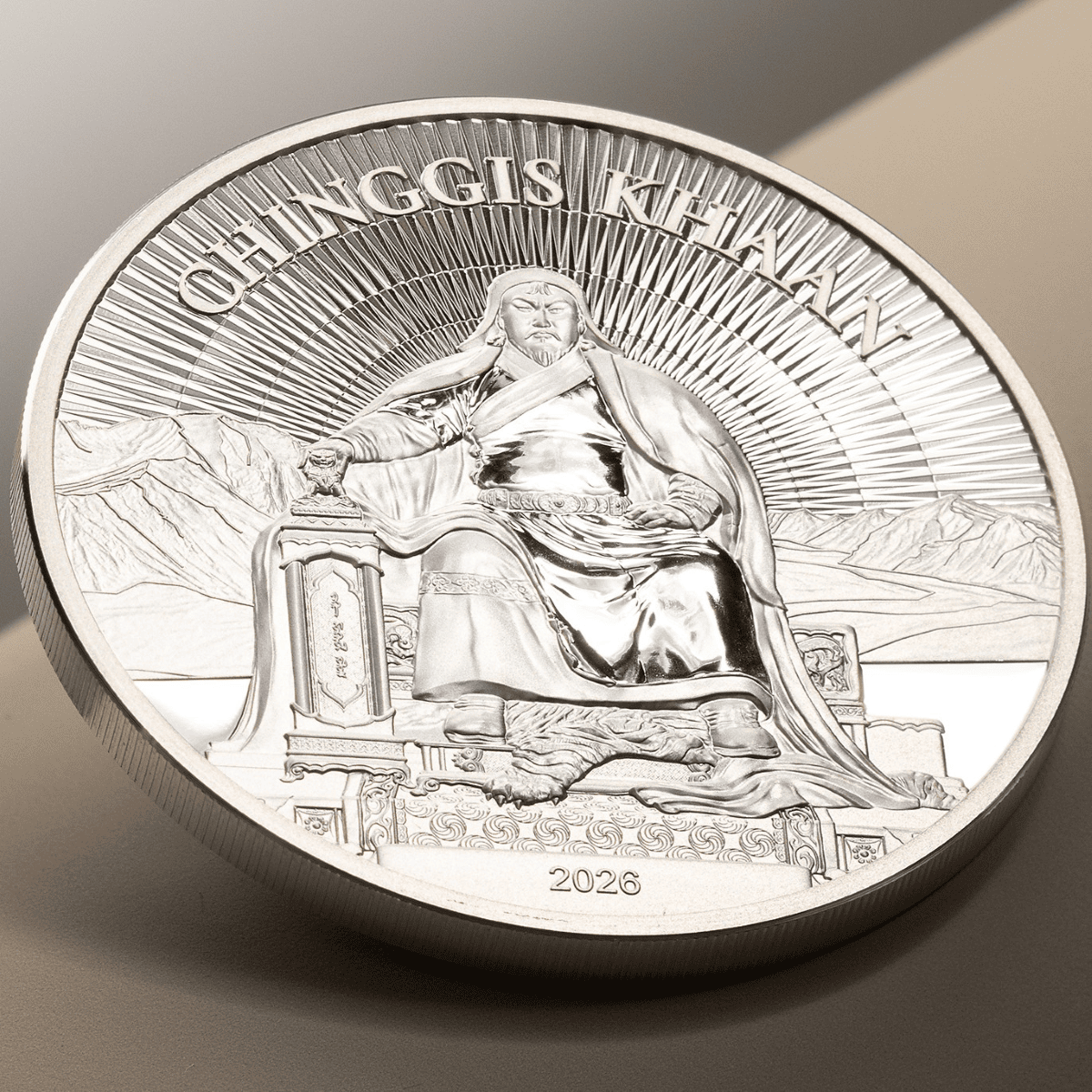 Crucial angle, 2026, mint, 1 oz silver proof coin featuring Chinggis Khaan, collectible from Cook Islands, artistic.