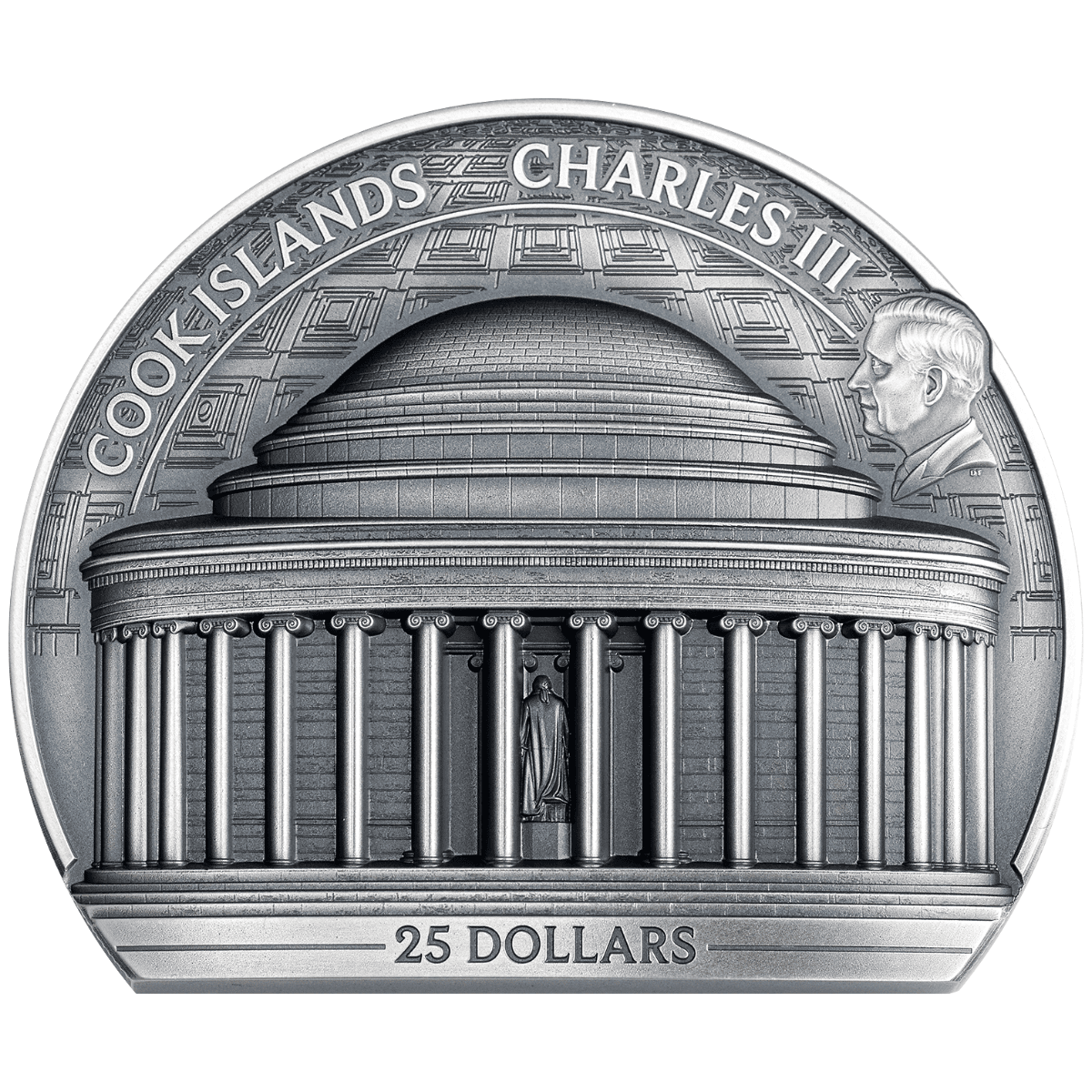 Intriguing angle of the 2026 Cook Islands Jefferson Memorial 2 oz Silver Antiqued Coin, minted in 2026, featuring d.