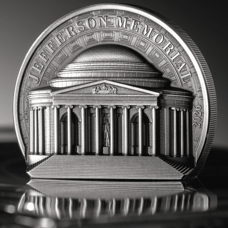 Statue of Liberty Jefferson Memorial 2026, 2 oz Silver Antiqued Coin, Minted by US Mint, Front view, detailed desig.