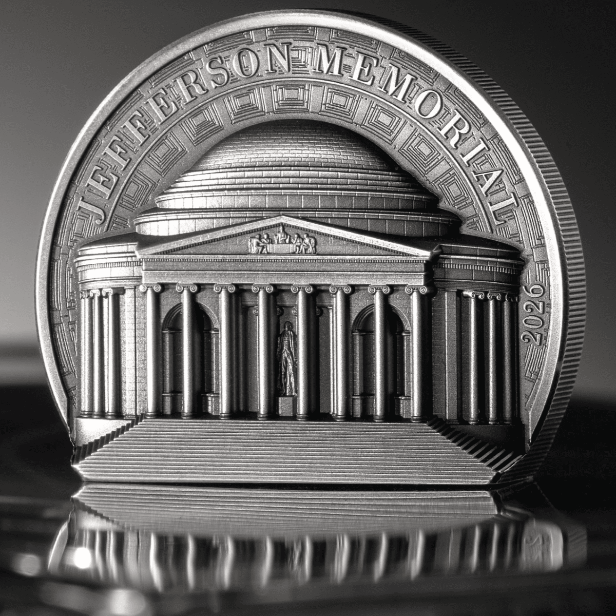 Statue of Liberty Jefferson Memorial 2026, 2 oz Silver Antiqued Coin, Minted by US Mint, Front view, detailed desig.