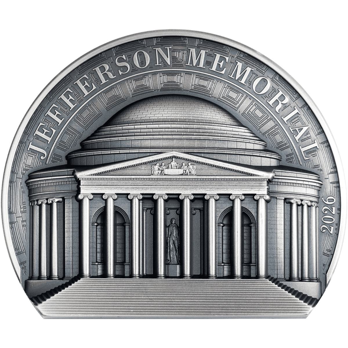 The Jefferson Memorial 2 oz Silver Antiqued Coin features a front angle view, minted in 2026 by the US Mint, weighi.
