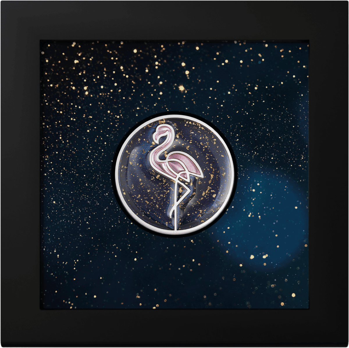 A colorful, angled view of the 2026 Cook Islands flamingo silver proof coin with gold flakes, featuring vibrant des.