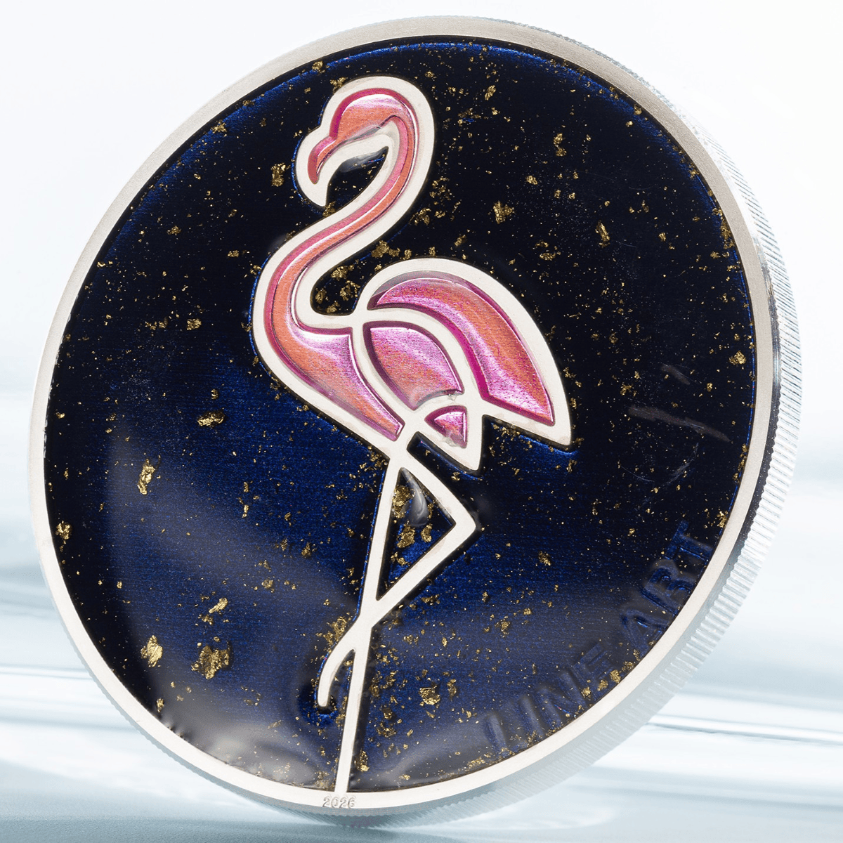 2026 Cook Islands flamingo silver coin, 1 oz, 2026, mint, colorful flamingo design with gold flakes, oblique angle.