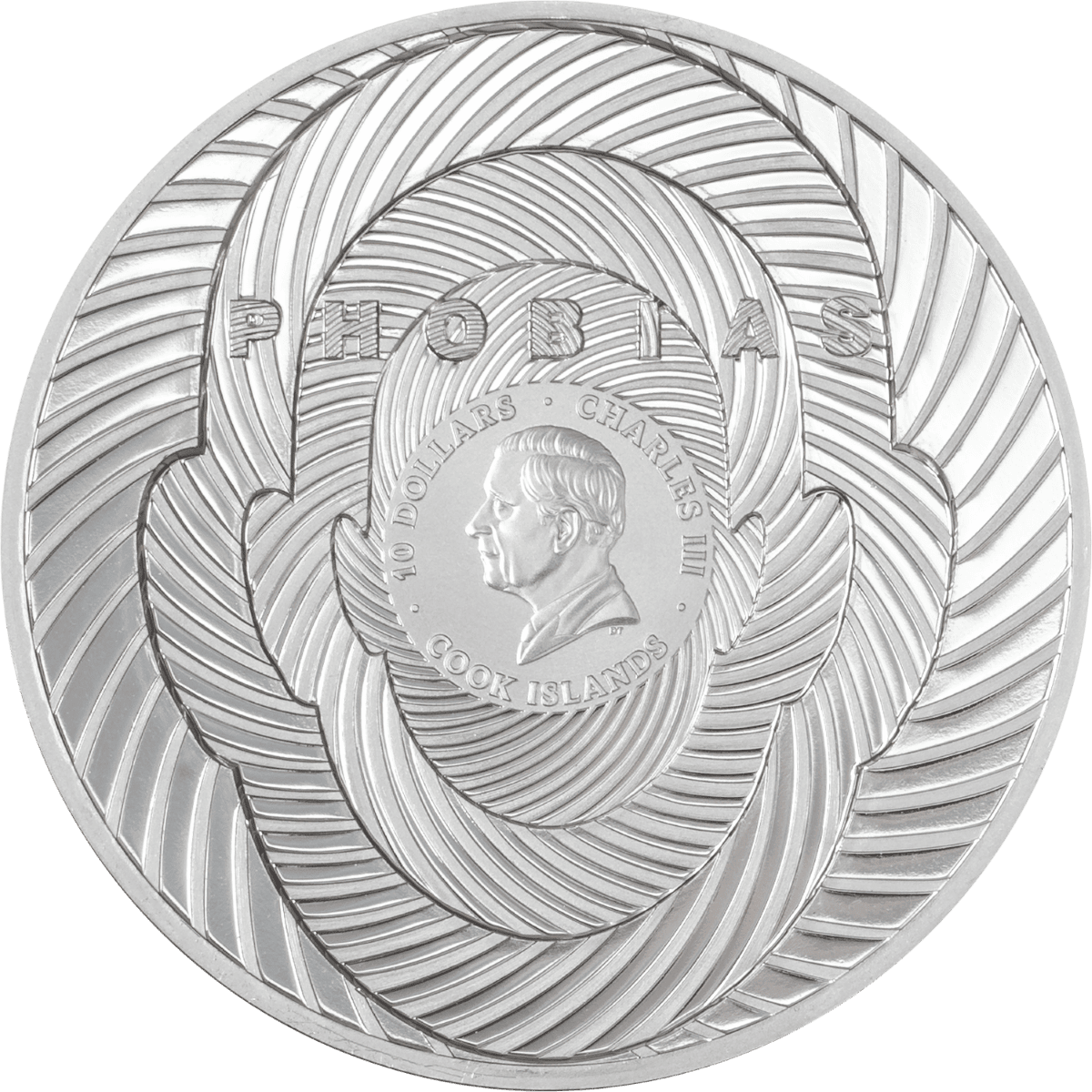 Intricate angle view of the 2026 Cook Islands Coulrophobia 2 oz Silver Colorized Proof Coin, minted in 2026, showca.