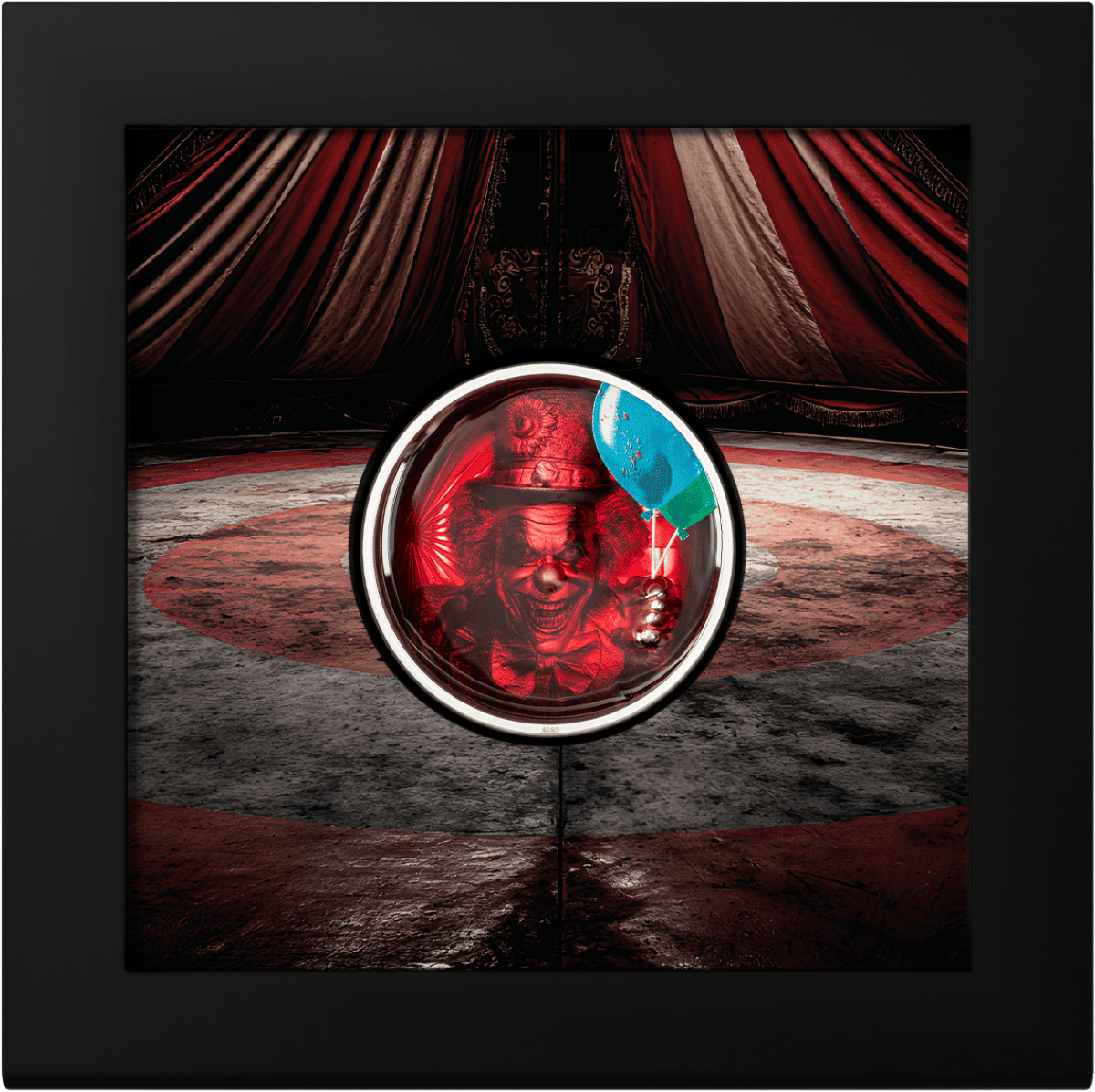 2026 Cook Islands Phobias Coulrophobia 2 oz Silver Colorized Proof Coin, front angle, minted in 2026, 2 oz weight,.