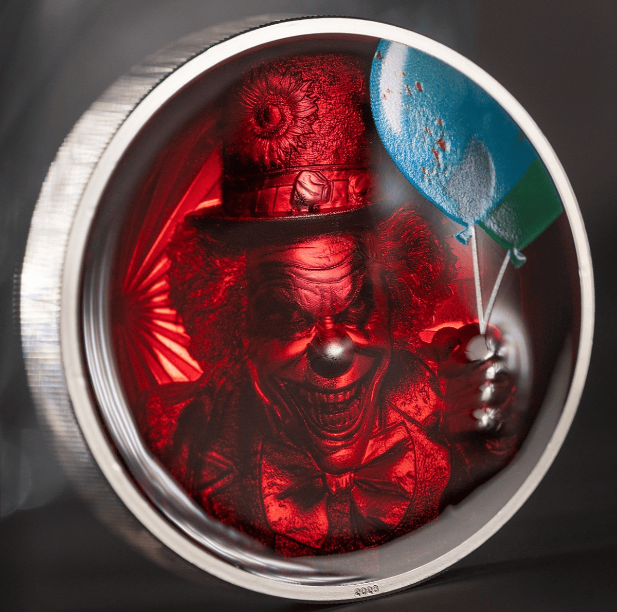 2026 Cook Islands silver coin, oblique view, 2 oz, colorized proof, minted in 2023, featuring a clown theme with vi.