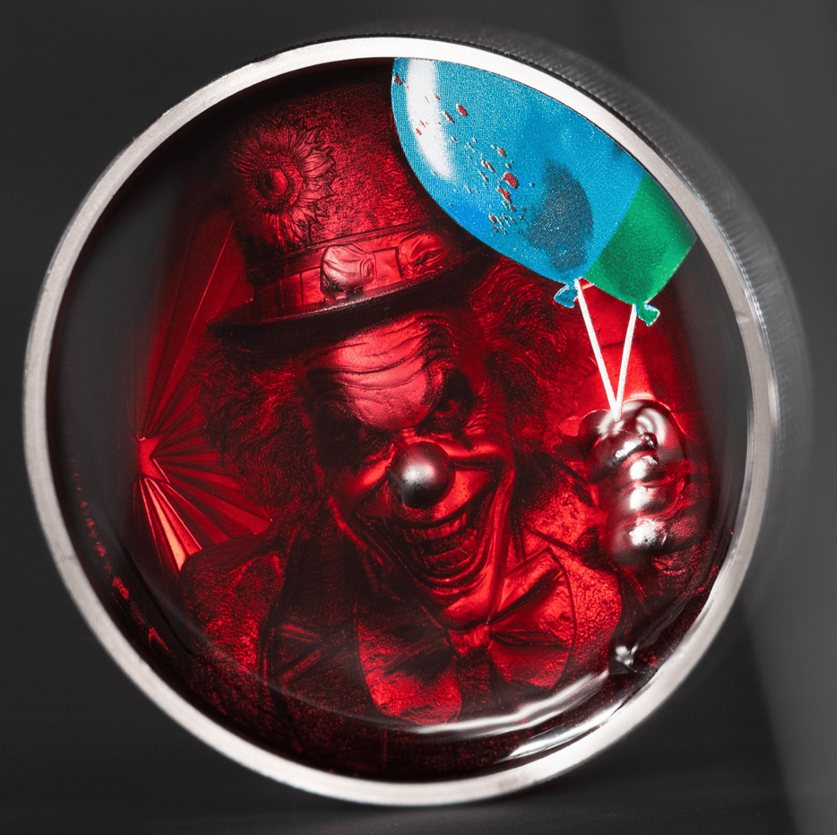 2026 Cook Islands Phobias Coulrophobia 2 oz Silver Colorized Proof Coin, front view, 2026, Cook Islands Mint, 2 oz,.