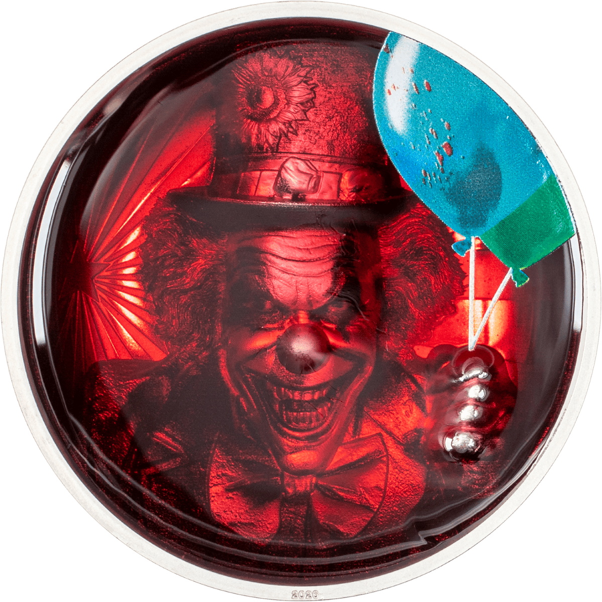 A colorful 2 oz silver proof coin featuring a clown with balloons, minted in 2026 by the Cook Islands, shown from a.