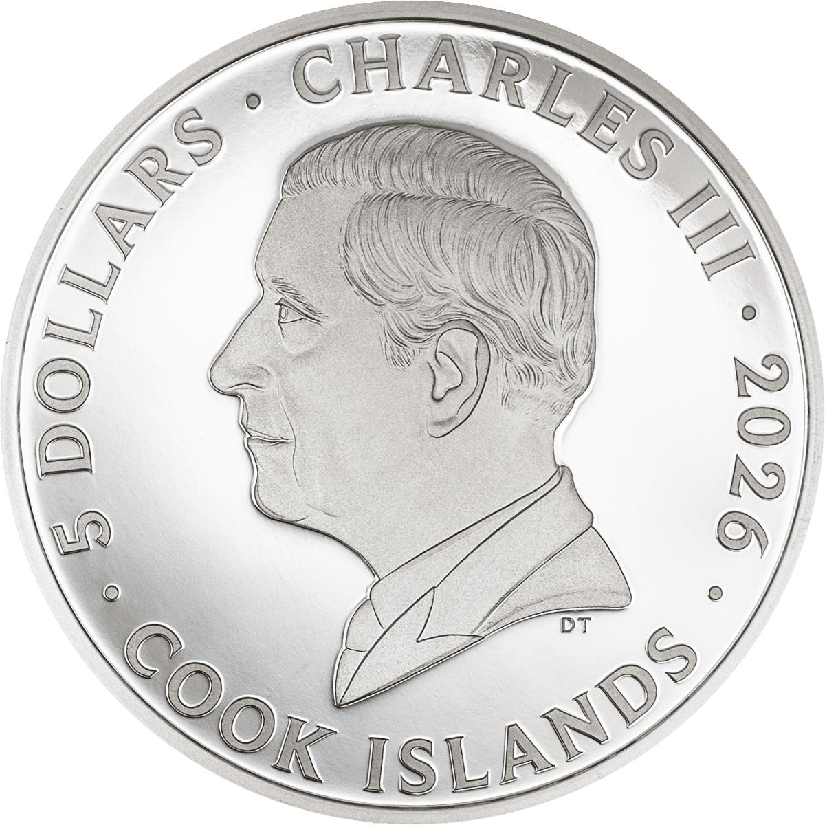 Colored, 1 oz proof coin featuring a profile of Charles III, minted in 2026 by the Cook Islands, showcasing the Pri.