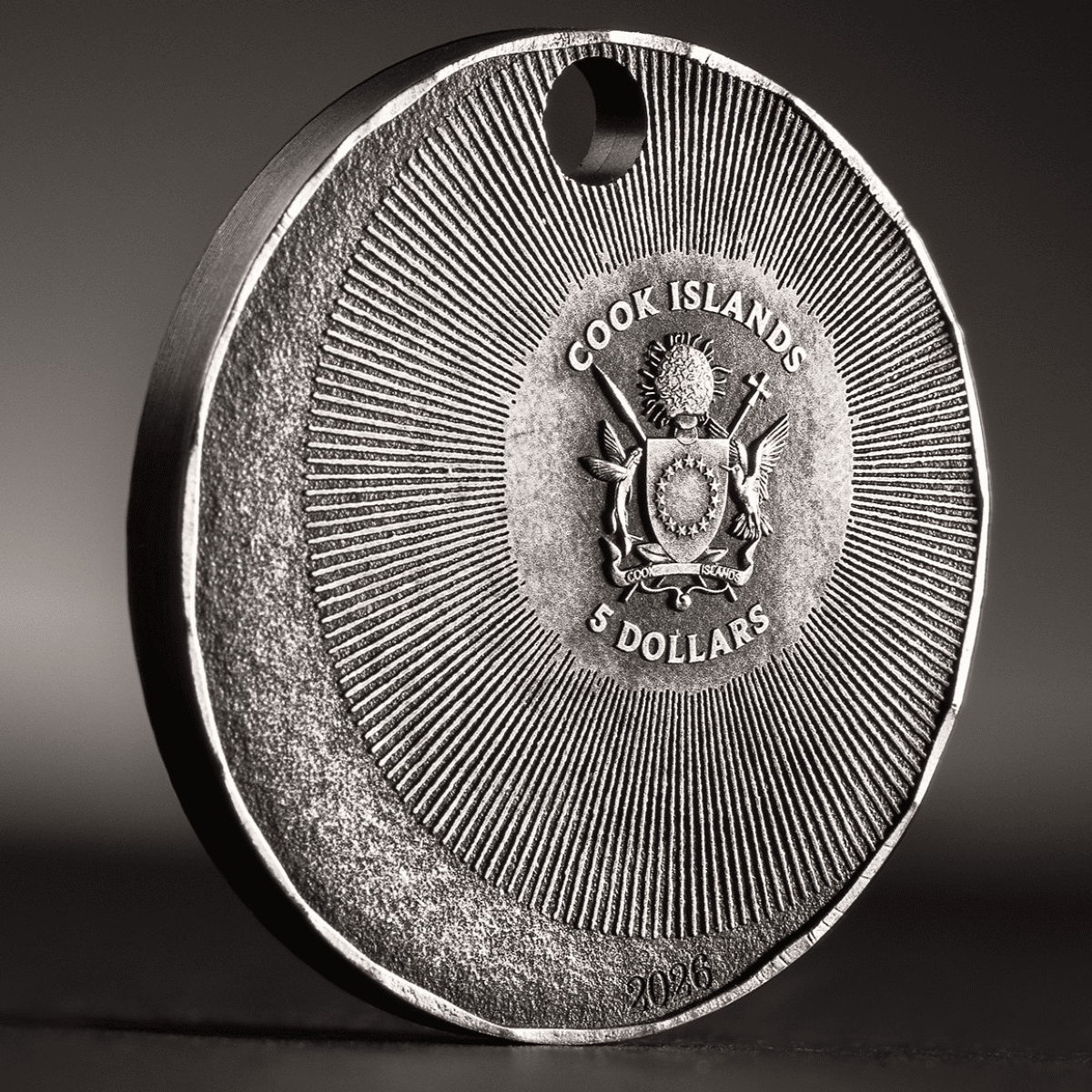 2026 Cook Islands Talisman Luminara 1 oz Silver Antiqued Coin, angled view, minted in 2026, featuring intricate des.