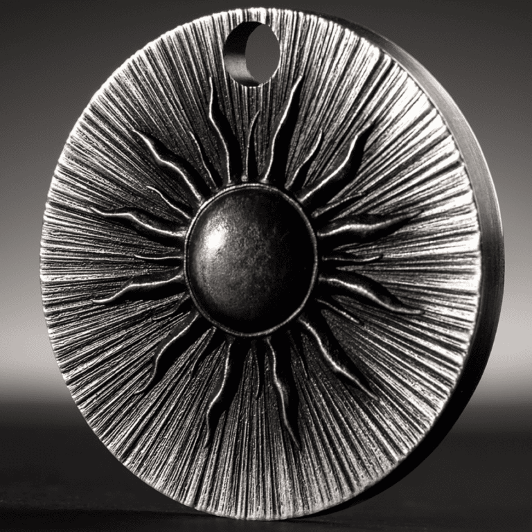 The image shows a close-up of a silver coin with a sun motif, emphasizing its detailed design and antiqued finish.