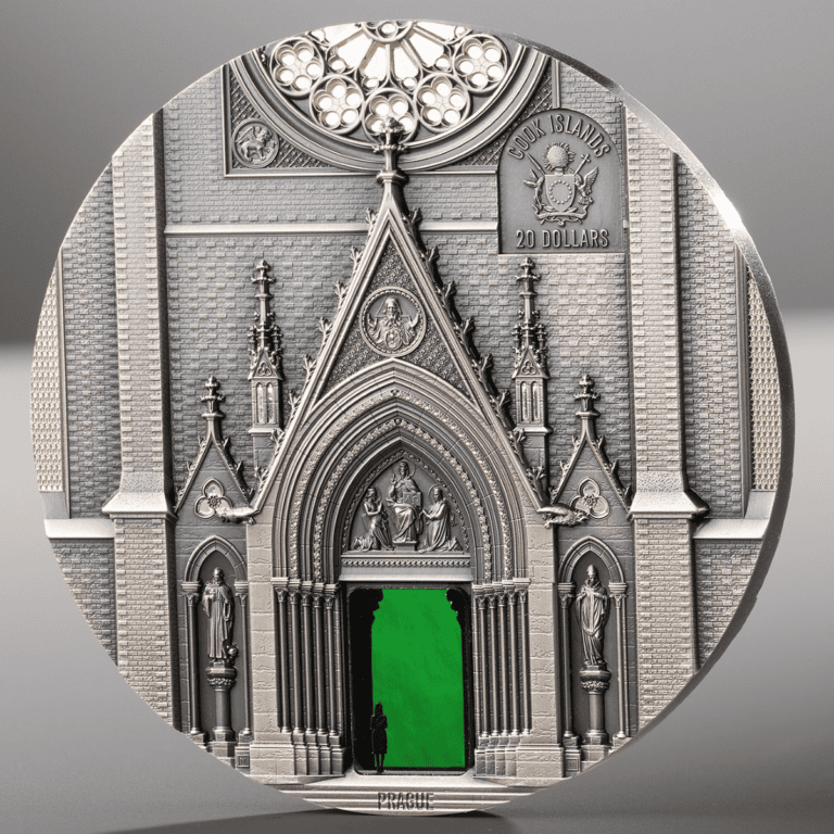 Crucifixion scene on 2026 Cook Islands Tiffany Art Portals Milan x Prague 3 oz silver coin, antiqued finish, minted.