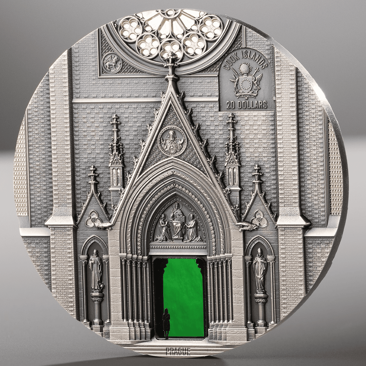 Crucifixion scene on 2026 Cook Islands Tiffany Art Portals Milan x Prague 3 oz silver coin, antiqued finish, minted.