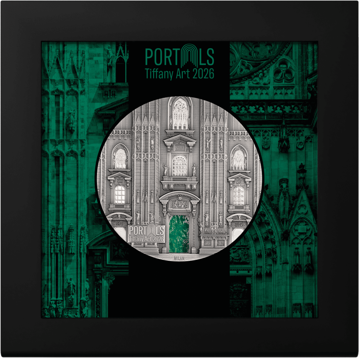 Crucial angle, 2026, mintage by Milan mint, 3 oz silver coin, antiqued finish, Tiffany Art Portals theme.