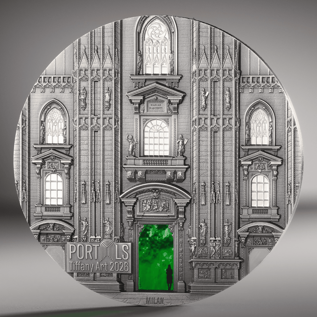 Crucial angle, 2026, Cook Islands mint, 3 oz silver, antiqued coin featuring Tiffany Art Portals Milan x Prague the.