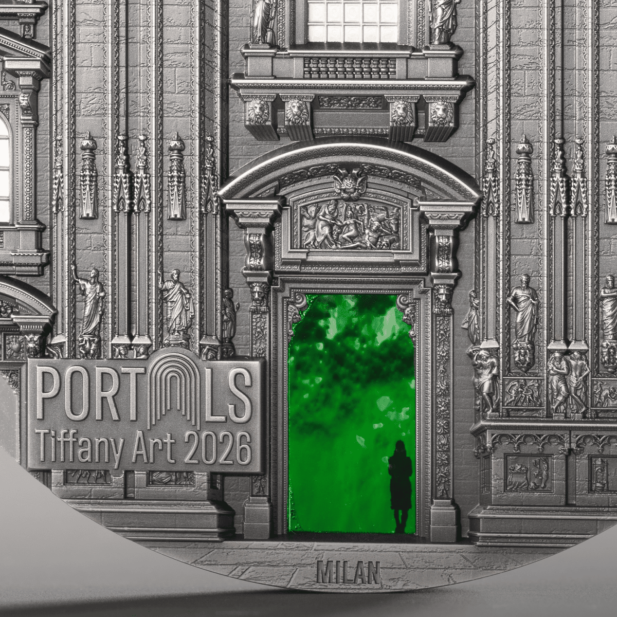 A LT tag: Silver coin featuring Milan and Prague portals, 2026, 3 oz, minted by Tiffany Art, with intricate archite.