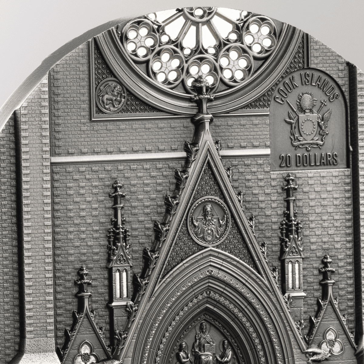 Crucial angle, 2026, Cook Islands mint, 3 oz silver, antiqued coin featuring Tiffany Art Portals Milan x Prague the.