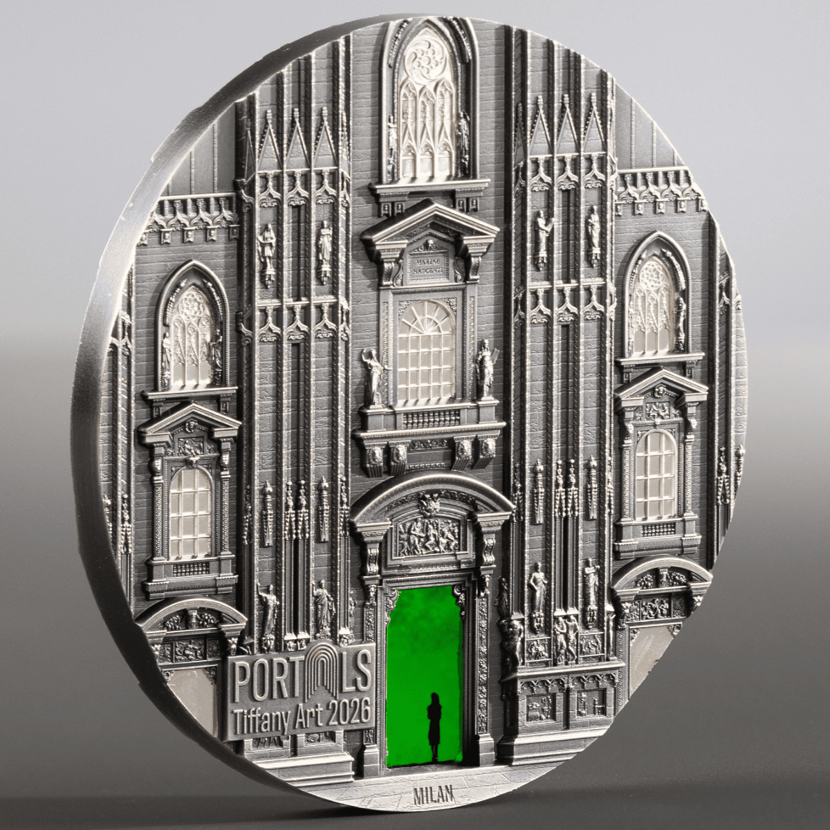 Themed silver coin, 3 oz, 2026, minted by Tiffany Art Portals, showcasing detailed gothic architecture and a vibran.