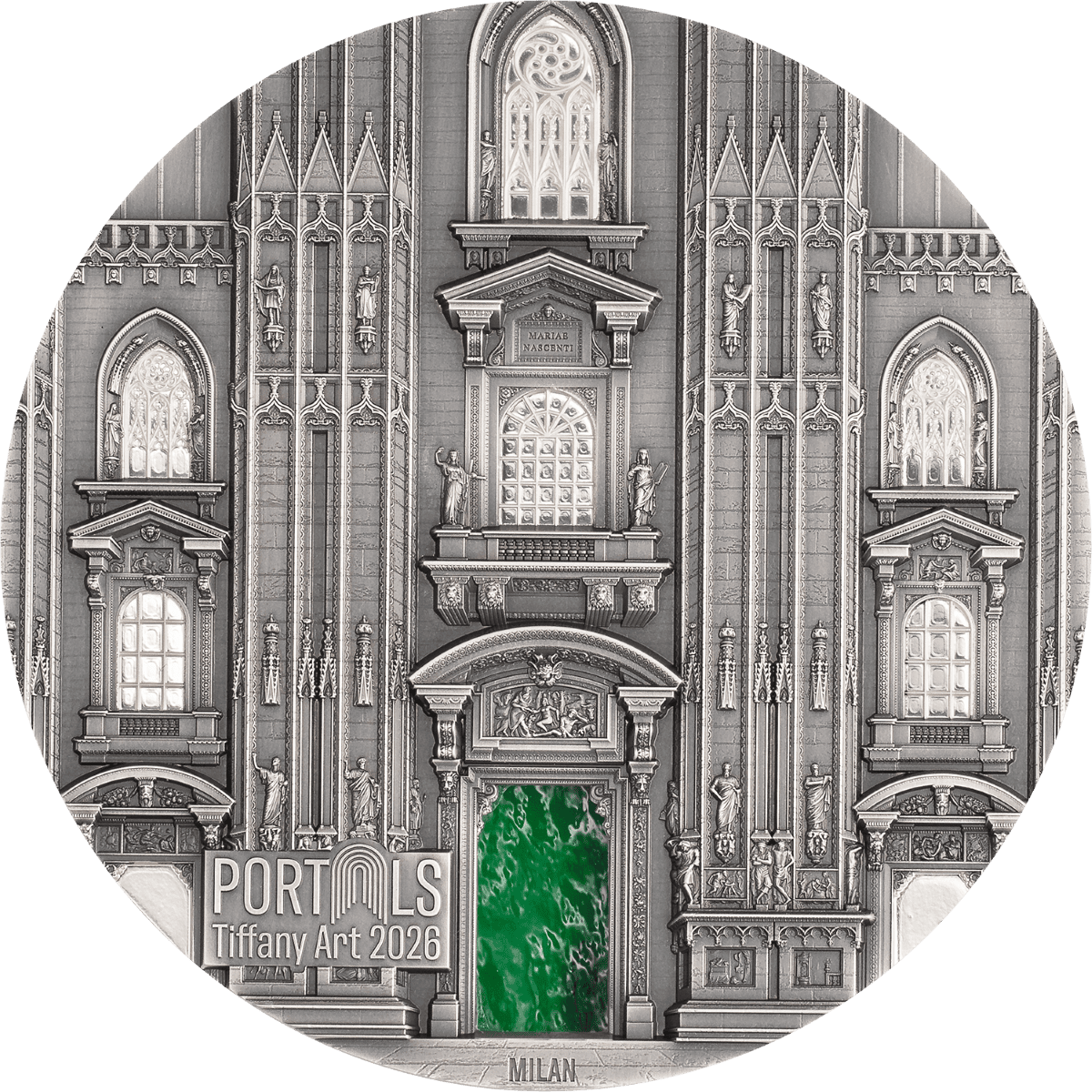 Intricate Milan architecture, 2026 Cook Islands Tiffany Art Portals silver coin, 3 oz, minted by the Cook Islands,.